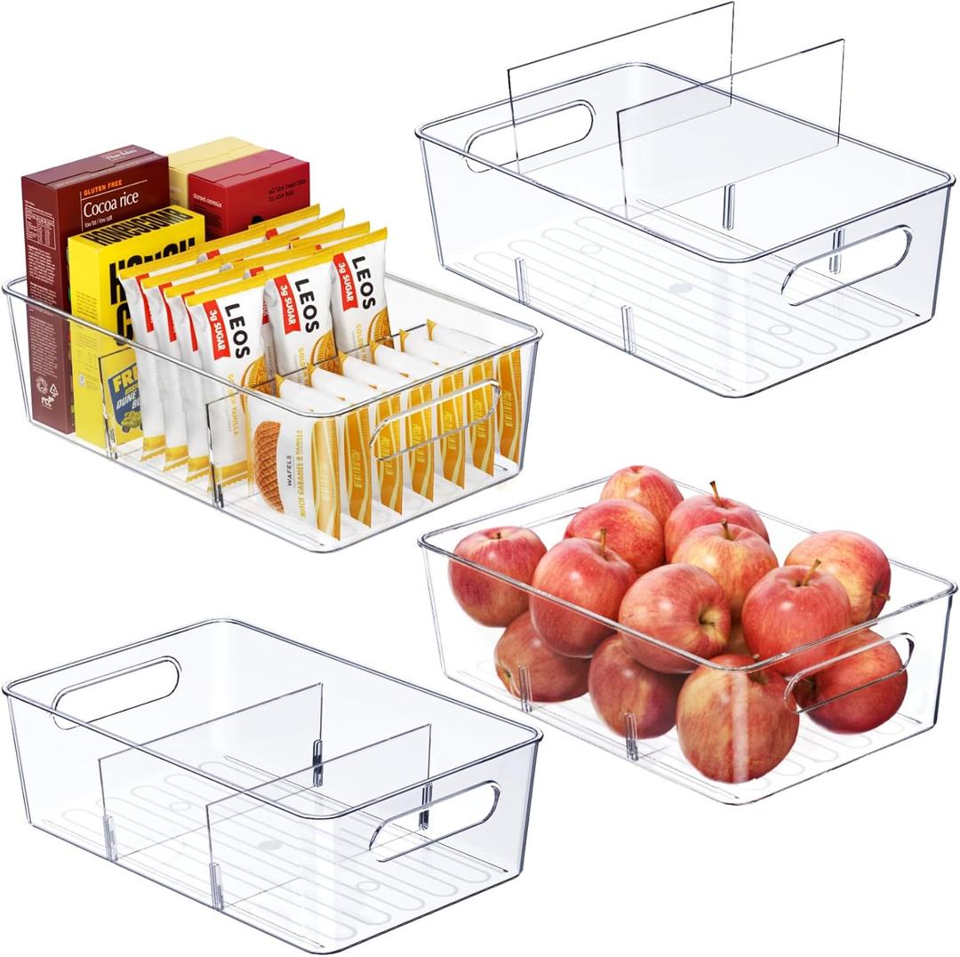 Pantry Organizers and Storage, 4 Pack Snack Organizer for Pantry Shelf,Food Storage Bins with Divider,Clear Containers for Organizing,Transparent Plastic Basket,Refrigerator and Fridge Bins