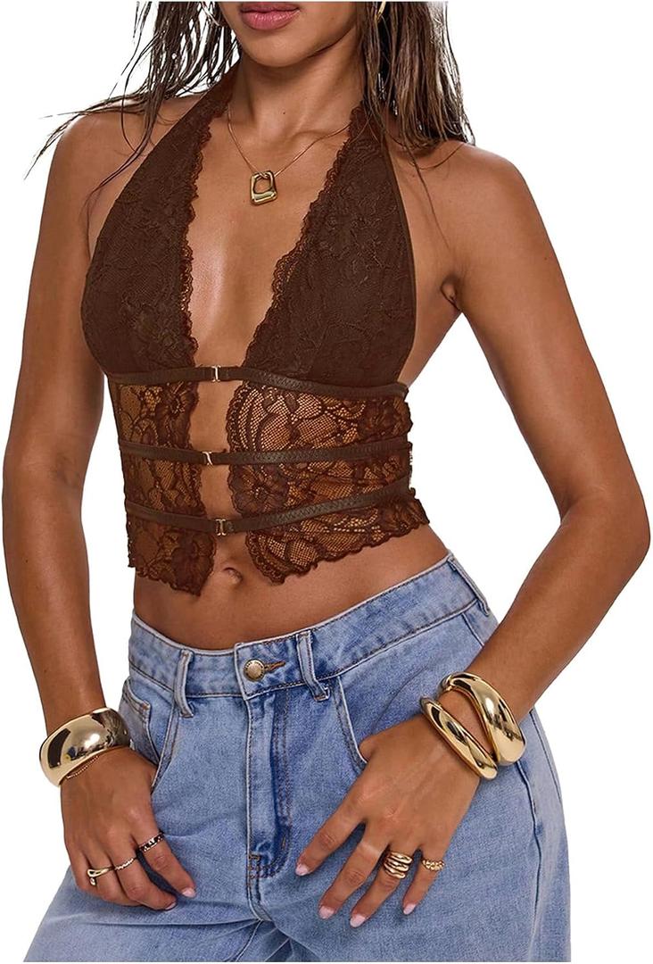 Verdusa Women's Y2k Goth Lace Tops Croset Sheer Halter Top Rave Going Out Outfits Sexy Camisole (Brown, X-Small)
