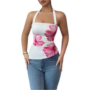 SOLY HUX Women's Floral Print Halter Tank Top Sleeveless Backless Ruched Asymmetrical Hem Summer Tops (Large)