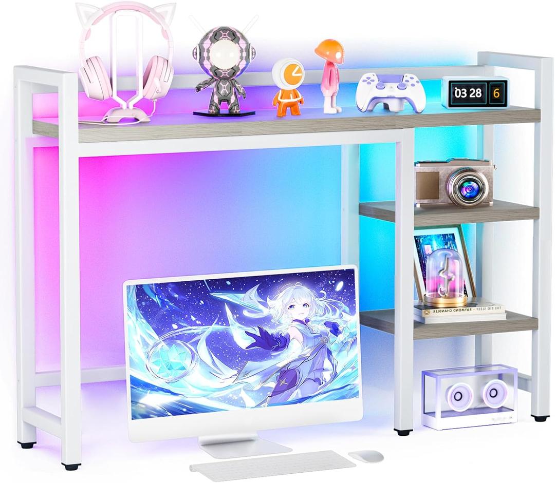 Desk Hutch with Colorful RGB Lights, 4 Tier Desktop Shelf for Max 28" Computer Monitor, Desk Organizer Shelf for Tidy Storage Display, Desktop Bookshelf for Home, Office, Dorm, Gaming Table, Kitchen