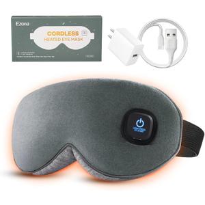 Ezona Cotton Cordless Heated Eye Mask, 2000mAh Warm Eye Compress Mask for Dry Eyes, Washable Eye Heating Pad for Travel, MGD,Blepharitis, Sinus Migraine with 10W ChargerGray