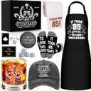 85th Birthday Gifts for Men Whiskey Glass Set, 85th Birthday Party Supplies with 11 Oz Whiskey Glass Coaster Stone Baseball Cap Apron Sock Toilet Paper Keychain for Him, Dad, Husband, Friends