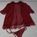 RSLOVE Women Sexy Lingerie Set 3 Piece Babydoll & Lace Kimono Robe Strap Chemise Sleepwear Mesh Nightgown (Large, Wine Red)