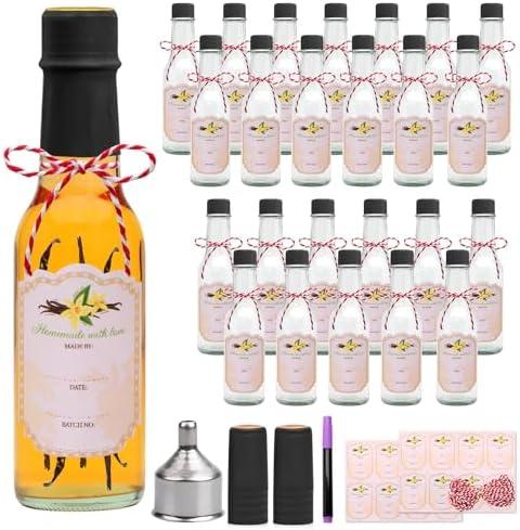 Encheng 5oz Clear Woozy Bottles with Shrink Capsules,Small Bottles With Shirnk Bands Glass Hot Sauce Bottles,Empty Small Beverage/Canning Bottles With Black Caps Set of 25