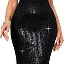 Women Sexy Sequin One Shoulder Long Sleeve Tassel Hem Bodycon Midi Dress Party Cocktail Dress (3X-Large, Black-short Sleeve)