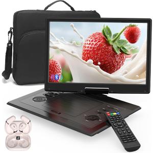 17.3" Portable DVD Player with Bluetooth Hadphones and Carrying Bag,15.4" Wide-Viewing-Angle HD Screen,6-Hours Rechargeable Battery,Car DVD Player for Kids,Support Bluetooth/HDMI in/AV/CD/VCD/DVD/USB