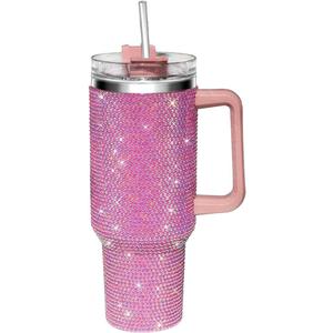 HWISDMIG 40oz Tumbler with Handle-Glitter Rhinestones Tumbler Bling Cups Stainless Steel Water Bottle Diamond Studded Tumbler for Women-Birthday Gifts for Women, Mom, Wife, Girlfriend (40 oz, Pink)