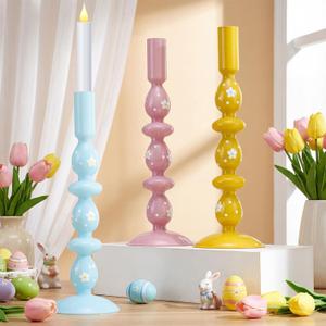 3 Pcs Pastel Easter Glass Candle Holders Set Spring Daisy Egg Taper Candlestick Holders for Spring Easter Home Table Centerpieces Fireplace Mantle Dining Decorations Holiday Office Home Gift
