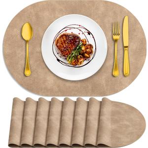 ADRIMER Placemats, Heat Resistant Oval Placemats Set of 8 Washable 12 x 17 Inch, Waterproof Table Placemats Set of 8, Wipeable Faux Leather Placemats for Kitchen, Dining Room, Apricot