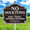 No Soliciting Sign for House, Family Friends and Neighbors Welcome Yard Sign,12" x 10" Rust Free Aluminum with 28"tall Metal Retractable Stake Kit, Fade Resistant, UV Protected, Easy to Mount