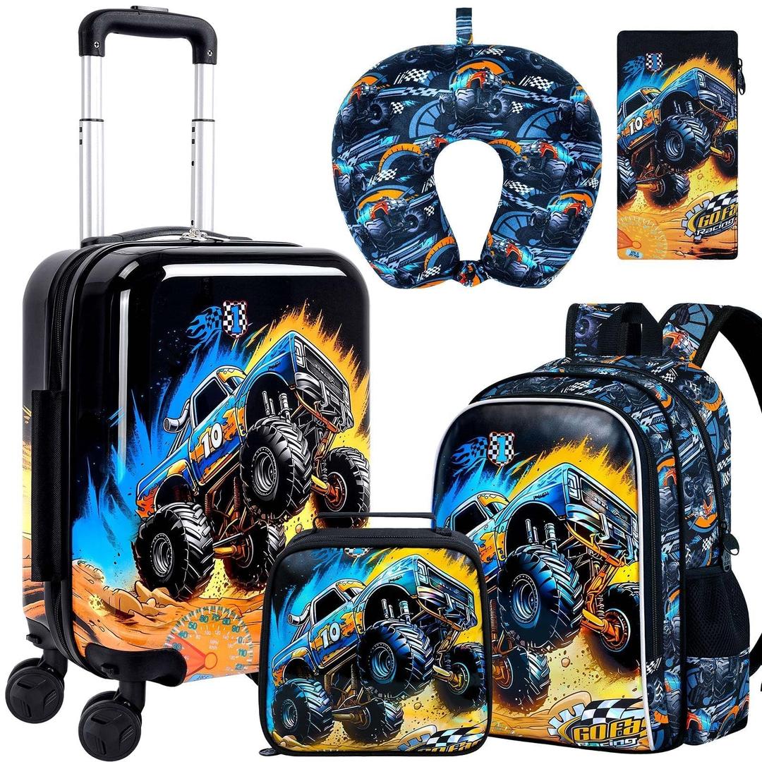 5Pcs Kids Suitcase Set for Boys, 16.5" Hardside Luggage with Spinner Wheels, Truck Travel Carry on Luggage Airline Approved (Black)