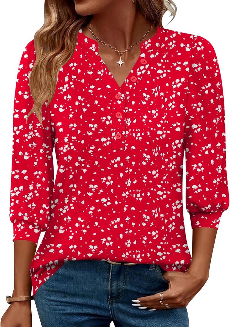 Rapbin 3/4 Length Sleeve Womens Tops 2025 Summer Fall Henley V Neck Button Down Tunic Shirts Casual Business Blouses (XL, Red Polka Dots)