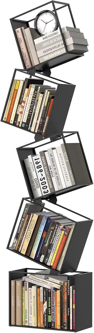 5-Tier Metal Geometric Bookshelf  Modern Narrow Floor Bookcase, Space-Saving Organizer for Living Room, Bedroom, Office, Corner  Black