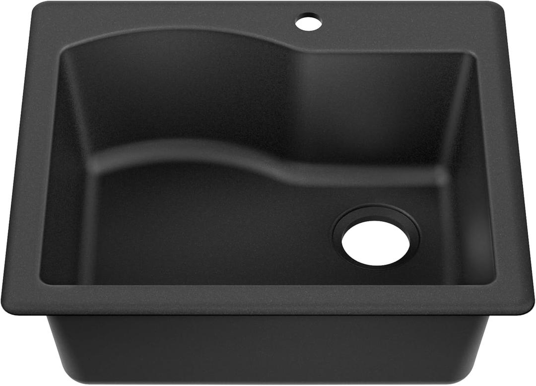 KRAUS Quarza 25-inch Drop-In/Undermount Single Bowl Granite Kitchen Sink in Black, KGD-441BLACK
