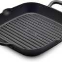 GreenPan x Bobby Flay Cast Iron 11 Square Grill Pan, Pre-Seasoned Professional Grade Heavy Duty Skillet, Helper Handles, Induction Suitable, Stovetop, Oven, BBQ & Fire, Indoor & Outdoor Use, Black