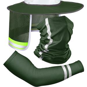 SATINIOR 3 Pcs Sun Hard Hat Neck Protection High Visibility Full Brim Mesh Sun Protection Bandana Headband Arm Sleeves with Reflective Strap for Construction Helmet Hard Hat(Military Green)