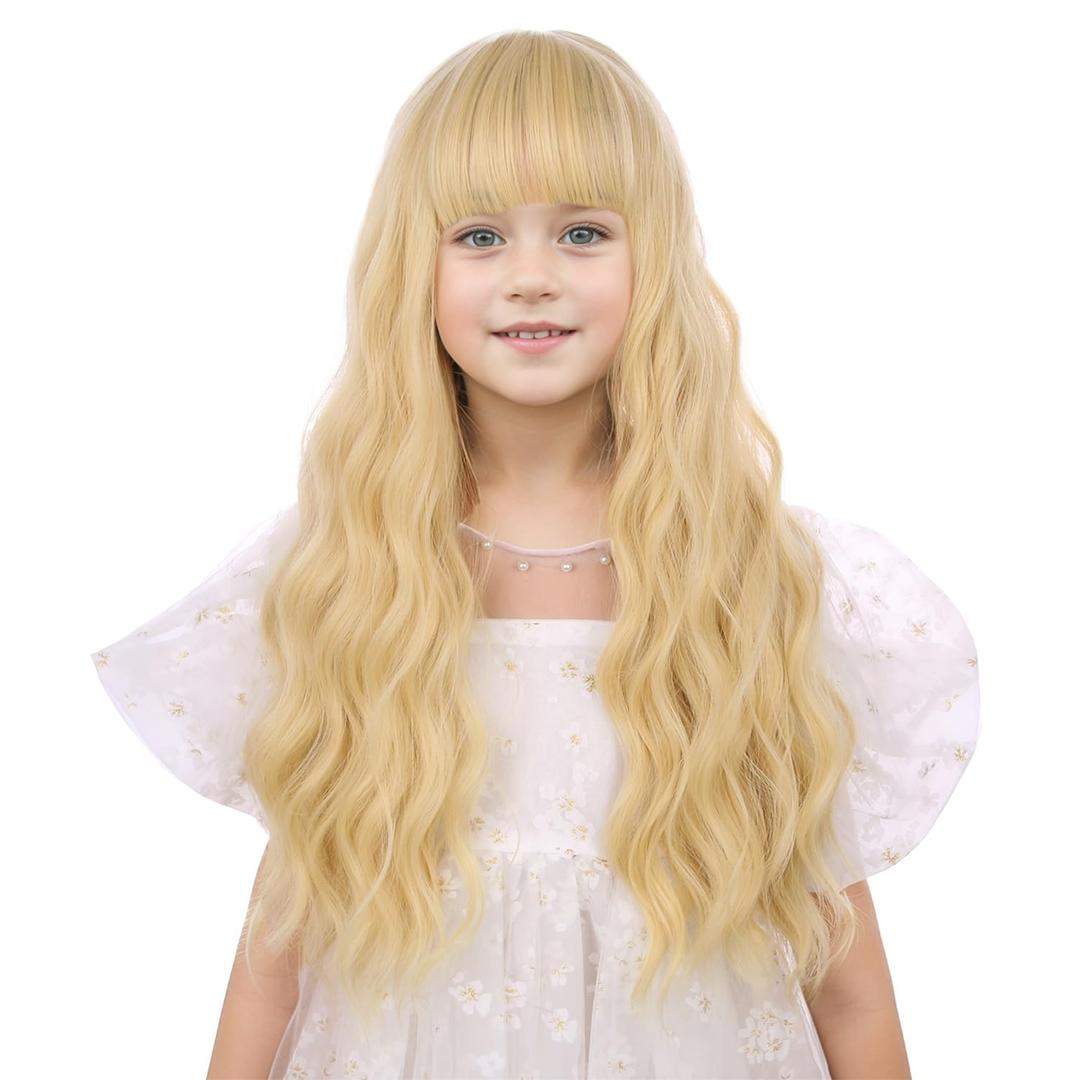 Girls Blonde Wig Child Long Golden Blonde Wig with Bangs Wavy Curly Wigs for Kids Hallween Party Include Wigs Cap