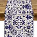 Traditional Mexican Table Runner, Talavera Style Beige Mexican Floral Bird Print Table Runner Holiday Home Picnic Party Dining Room Kitchen Decor, 13x120inch