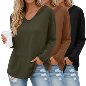 3 Pack Women's Long Sleeve Hoodies V Neck Curved Hem Sweatshirts Casual Loose Fit Lightweight Workout Fall Pullovers (Medium, Army Green, Mocha, Black)