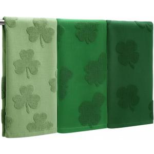 3 Pcs St. Patrick's Day Shamrock Hand Towels Cotton Absorbent Jacquard Green Shamrock Kitchen Towel 3D Seasonal Clover Decor Towels for Bathroom Gift Drying Cleaning Cooking, 14" x 29"