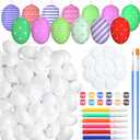 Gerrii 50 Pcs White Foam Easter Egg Ornament Bulk Paintable Decorations with 6 Markers, 12 Paints, 2 Brushes, 1 Palette Hanging Easter Egg with String for DIY Craft Basket Fillers Party Favors