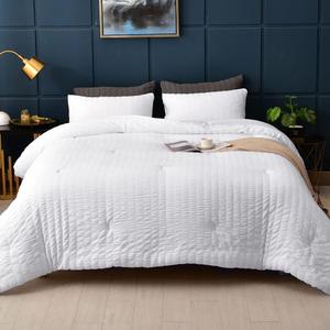AveLom Seersucker Queen Comforter Set (90x90 inches), 3 Pieces - 100% Soft Washed Microfiber Lightweight Comforter with 2 Pillowcases, All Season Down Alternative Comforter Set for Bedding, White (Queen (90''x90''))