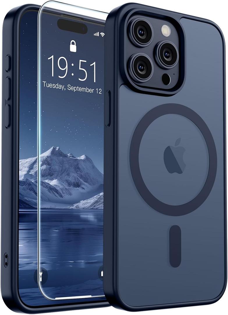 SUPFINE Magnetic for iPhone 15 Pro Case with Screen Protector (Compatible with MagSafe) (Military Grade Drop Protection) Translucent Matte Shockproof Phone Cover,Dark Blue