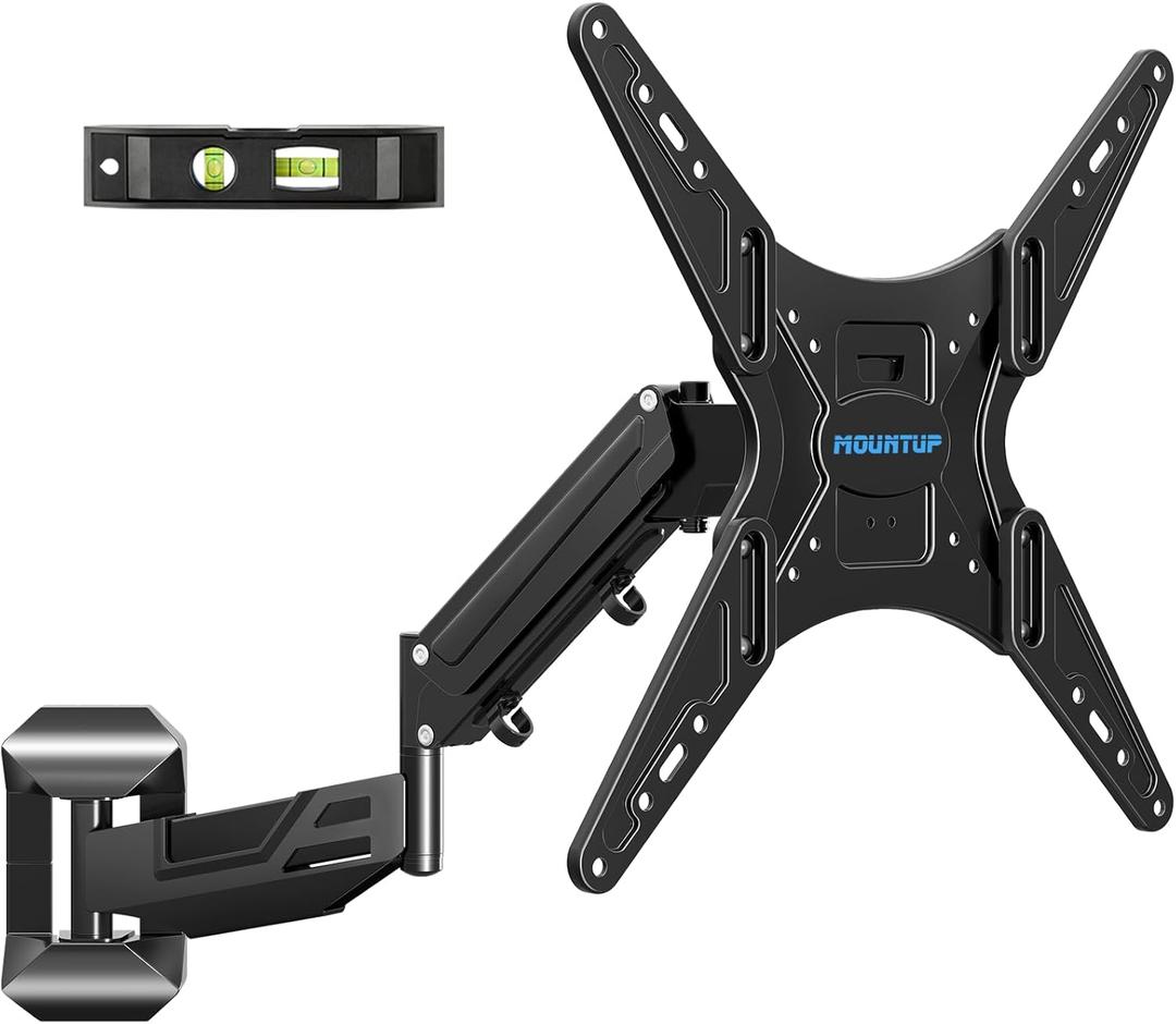 MOUNTUP Height Adjustable TV Wall Mount for 26-55 Inch TVs, Gas Spring Full Motion Articulating TV Bracket with Smooth Swivel Tilt & Safe Corner Installation, 400x400mm VESA, 11-66 lbs, Matte Black