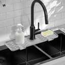 Meiliweser Silicone Faucet Mat for Kitchen Sink  Gen 3 10 Slope Splash Guard with Cuttable Hole  14 x 5.5 Drip Catcher & Sponge Holder for Kitchen, Bathroom (Gray)