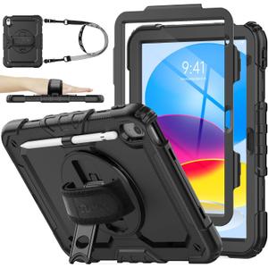 SEYMAC stock Case for iPad (A16) 11th/10th Generation 11''/10.9'' 2025/2022, Full-Body Drop Protection Case with Screen Protector &360 Rotate Hand Strap/Stand, Black