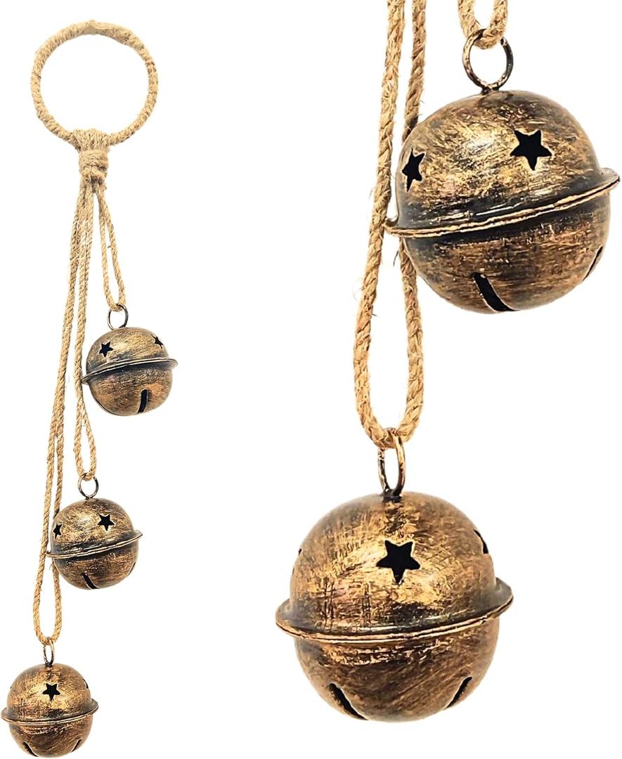 Jingle Bell Cluster Handmade Round Shiny Hanging on Rope Lucky Christmas Tree Decoration Bell Holiday Bells Ornaments Holiday Decoration (Golden, Small) Round Shiny (Rustic, Small)