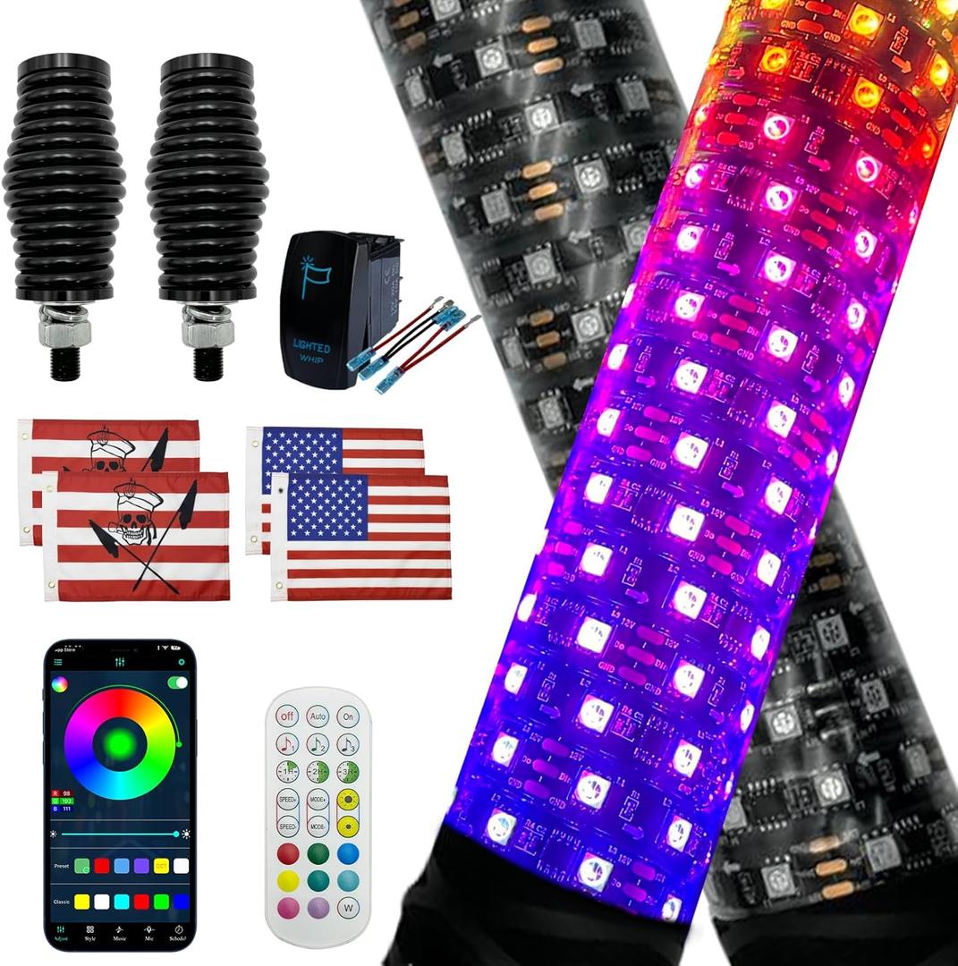 2 Pack Fat Whip Lights, 2ft LED Whip Lights with App & Remote Control, Spring Base, Spiral RGB Chasing Lighted Antenna Whips for Side by Side Music Whip Light for ATV Can-Am SXS Truck Polaris