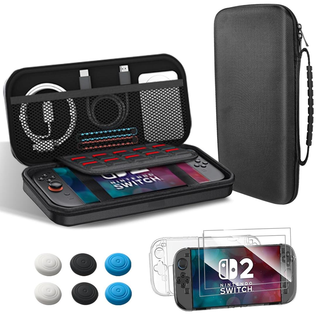 SIMACHON Carry Case for Nintendo Switch 2 (2025) - Protective Hard Shell Travel Portable Case, Durable Nylon Lightweight Large Capacity with Protective Case and 2 Screen Protectors 6 Joystick Caps