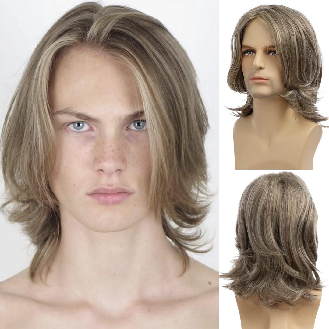 Mens Blonde Wig Natural Layered Short Blonde Side Part Synthetic Halloween Cosplay Costume Party Full Wigs for Male Guys