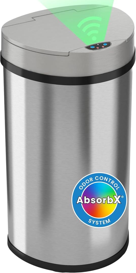 iTouchless 50 Liter / 13 Gallon Kitchen Trash Can with Lid & Deodorizer  Motion Sensor Semi-Round Stainless Steel Garbage Bin for Home, Office, or Garage  Slim, Wide Opening Large Capacity Design (Mist Silver, Black)