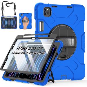 Case for iPad Pro 11 Inch 2022/2021/ 2020/2018: Silicone Cover for iPad 11 Inch 4th/ 3rd/ 2nd/ 1st/ Generation with Screen Protector- Stand- Handle- Shoulder Strap- Pencil Holder- Blue