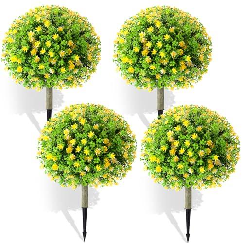 Yunlly Set of 4 Artificial Topiary Ball Tree with Flowers 20 Inch Outdoor Topiary Tree with Ground Spike Fake Bushes UV Resistance Faux Shrubs Evergreen Plant for Front Porch Indoor Decor (Yellow)