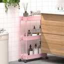 SPACEKEEPER Slim Rolling Storage Cart, 3 Tier Bathroom Organizer Utility Cart Laundry Room Organization Mobile Shelving Unit for Kitchen, Bathroom, Office, Bedroom, Narrow Places, Pink