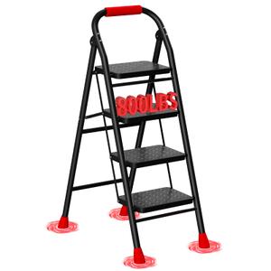 4 Step Ladder, Foldable Step Stool with Wide Anti-Slip Pedal & Thick Rubber Feet, Cushioned Handle, Safe-Lock Design, Folding Portable Ladder for Multi-Purpose, 800lb, Black Red