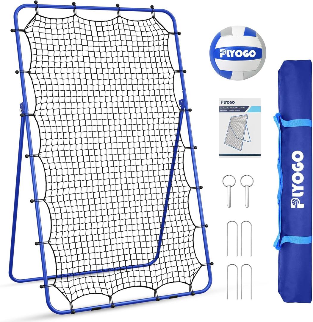 PLYOGO Volleyball Rebounder Net, 4×7FT Bounce Back Practice Net with 5 Adjustable Angles, Indoor Outdoor Easy-Set Up Training Equipment for Improving Spiking Skills, Carrying Bag & PU Volleyball