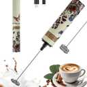 INFOOD Milk Frother Rechargeable with Cover - Coffee Frother Wand, Drink Mixer Handheld with 2 Detachable Stainless Whisks 2 Speed Adjustable for Latte, Cappuccino, Hot Chocolate, Egg, Vintage Floral