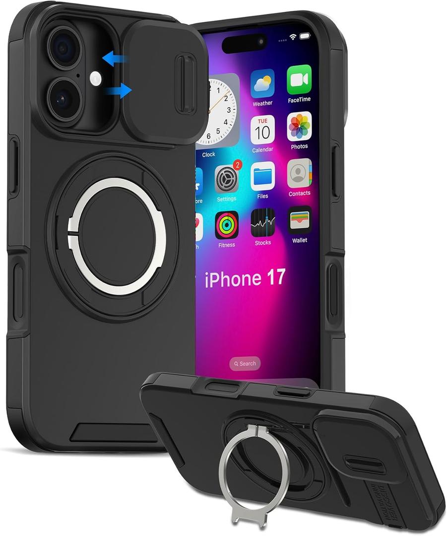 iPhone 17 Case with Camera Cover & Ring Holder, 6.3" Rugged Shockproof Military-Grade Case for 17, Slim Rugged Protection with Sliding Camera Lens Cover & Stand Grip for Apple iPhone 17-Black