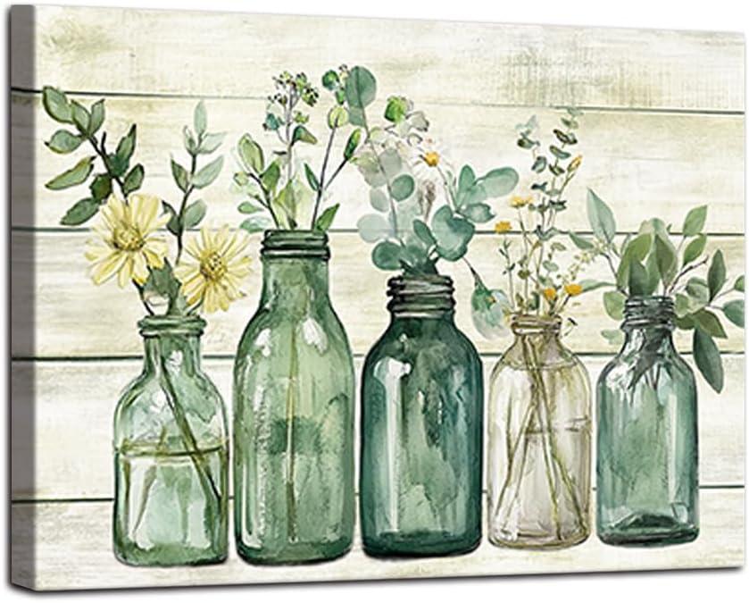 Yaoliyu Bathroom Decor Eucalyptus Flower Canvas Wall Art Green Botanical Prints Plant Floral Glass Vase Painting Rustic Bathroom Picture Wall Decor Farmhouse Artwork 12x16inch