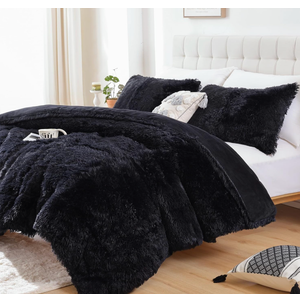 Smoofy Fluffy King Size Comforter Set, Faux Fur Black Comforter Set, Luxury Fuzzy King Bedding Set, Soft Shaggy Bed Set for All Season, 3 Pieces - 1 Comforter & 2 Pillowcases,