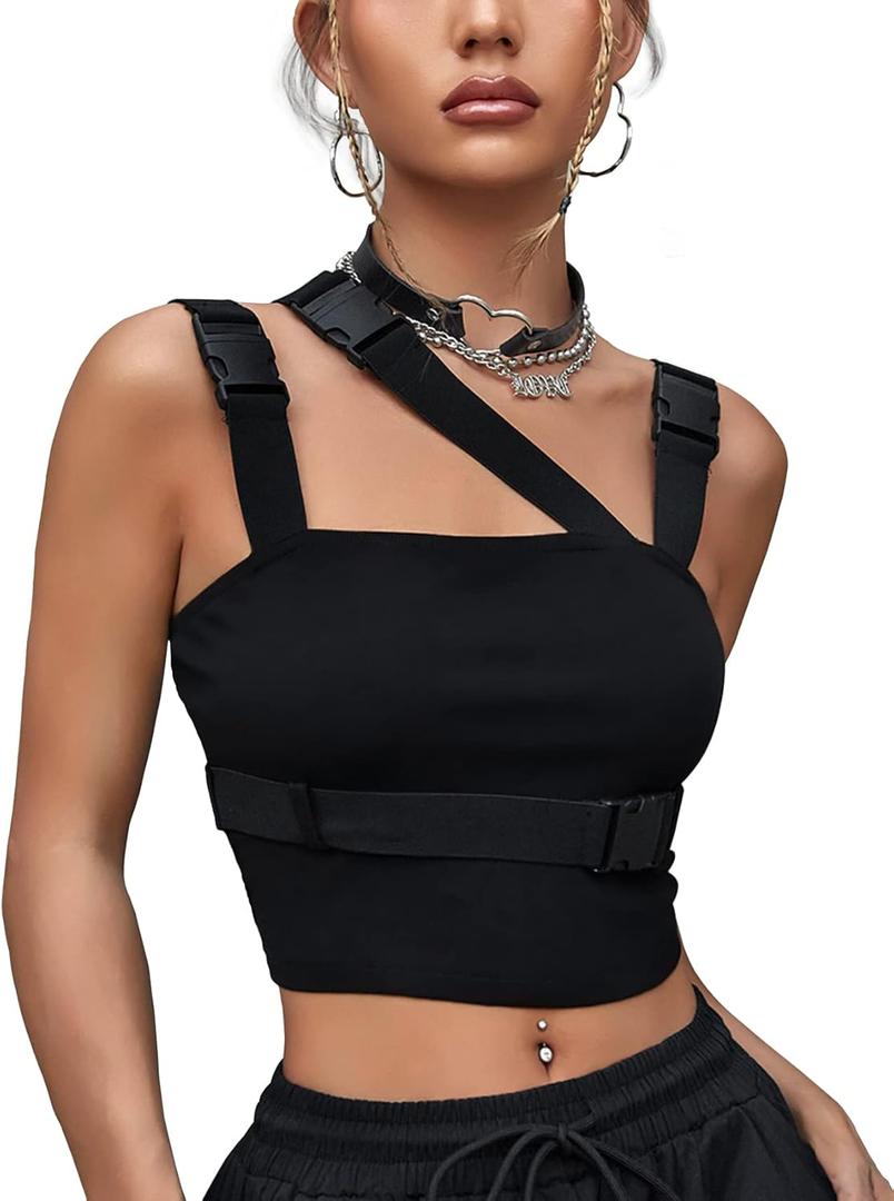 CYCLAMEN Women's Buckle Tank Tops Sleeveless Tube Crop Cami Tops Rave Gothic Punk Streetwear Shirt (Large, A-black, Buckles)