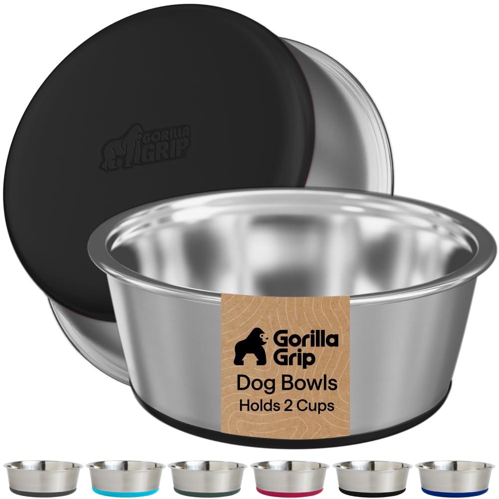 GORILLA GRIP Dog Bowls, Food Grade 304 Stainless Steel, Holds 2 US Cups Each (16 fl oz) Food and Water Bowl for Feeding Dogs and Cats, Dishwasher Safe, Rust Resistant BPA Free Rubber Base, 2 Set Black
