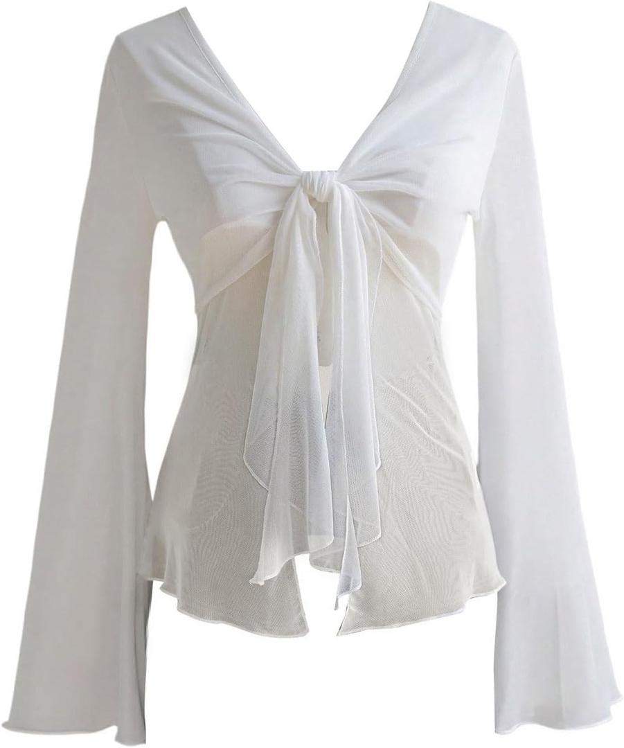 OYOANGLE Women's Tie Front Slit Hem Mesh Sheer Blouse Bell Sleeve V Neck Asymmetrical Shirt Top (Large, White)
