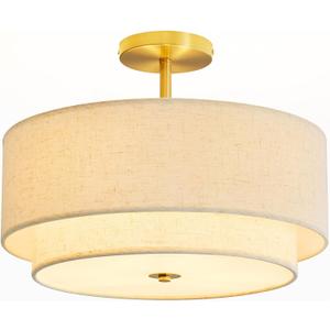 Double Drum 3 Light Semi Flush Mount Ceiling Light, Close to Ceiling Light Fixture, 16 Inch with Fabric Linen Shade, Gold Brass, for Living Room, Bedroom, Dining Room,Hallway and Entryway