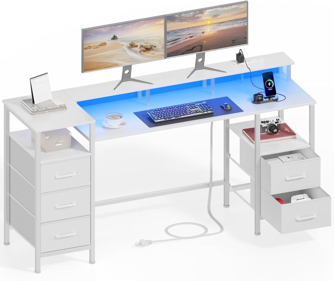 55 Inch Computer Gaming Desk with Power Outlets & LED Lights Reversible Home Office with Adjustable Fabric Storage Drawers for Working Writing Study White