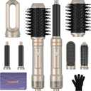 6 in ONE Blow Dryer Brush, Curling Wand Hair Styling Tools Set, Ionic Hot Air Hair Dryer, Massage Oval Hair Dryer, Left&Right Hair Curlers 100-120V (Gold Champagne)